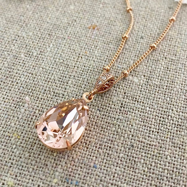 Swarovski Crystal Necklace, Blush Pink Crystal Necklace, Rose Gold Bridal Necklace, Vintage Rose Pear Necklace, Teardrop Bridesmaid Necklace