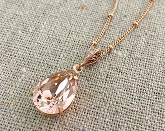 Swarovski Crystal Necklace, Blush Pink Crystal Necklace, Rose Gold Bridal Necklace, Vintage Rose Pear Necklace, Teardrop Bridesmaid Necklace