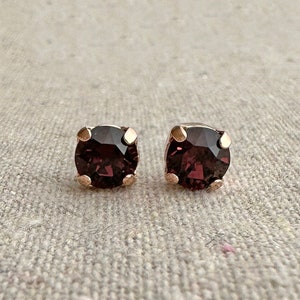 Swarovski Crystal Rose Gold Post Earrings, Xirius 6mm Burgundy Studs, Small Chaton Wine Maroon Earrings, Bridesmaid Gifts, Flower Girl Gifts