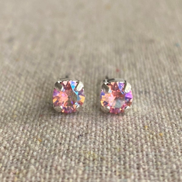 Swarovski Crystal Tiny Post Earrings, Small 5mm Delicate Studs, Light Rose Shimmer, Aged Brass Gold Silver Rose Gold, Surgical Steel Post