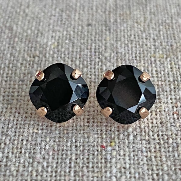 Swarovski Crystal Earrings, 8mm Cushion Cut Posts, Jet Black Studs, Bridal Wedding Jewelry, Gold Rose Gold Silver, Bridesmaids Gifts