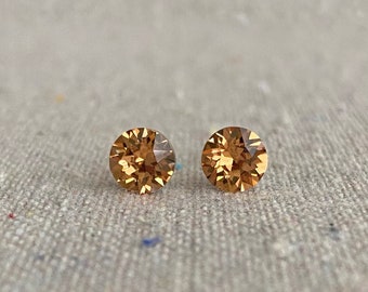 Swarovski Crystal Studs, 6mm Xirius Chaton Light Smoked Topaz Posts, Surgical Steel Hypoallergenic, Everyday Earrings, Brilliant Rhinestones