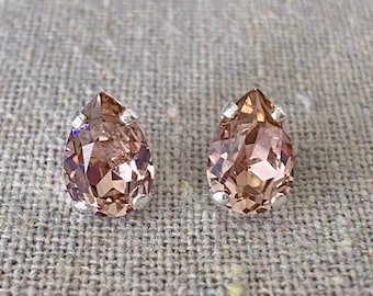 Swarovski Blush Pink Crystal, Tiny Teardrop Rhinestone, Pear Post Earrings, Bridal Jewelry, Bridesmaids Presents, Gifts Flower Girl, Silver