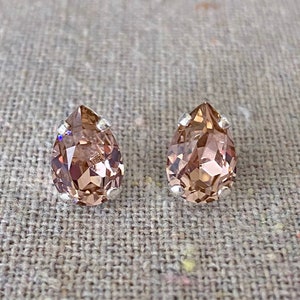 Swarovski Crystal Earrings, Vintage Rose, Tiny Teardrop Rhinestone, Pear Post Earrings, Gold Rose Gold Silver, Morganite, Blush Pink