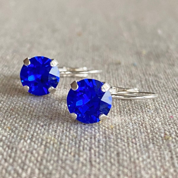 Swarovski Crystal Majestic Blue Leverback Earrings, 8mm Xirius Chaton Dangling Earrings, Brilliant Royal Blue, 14k Gold Rose Gold Silver