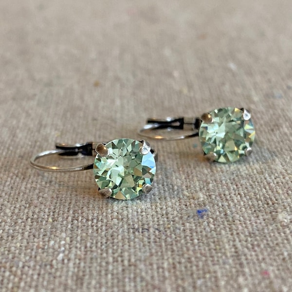 Swarovski Crystal Chrysolite Pale Light Green Round Dangling Drop Leverback Earrings Bridesmaids Gifts Rhinestone Heatherly Jewelry