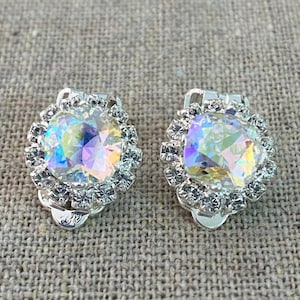 Swarovski Crystal Clip-on Earrings, Pave Halo Faux Posts, Iridescent Rhinestone Clip Earrings, Crystal AB Silver Studs