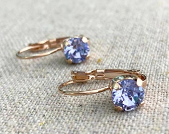 Swarovski Crystal Leverback Earrings, Provence Lavender Dangling Earrings, Rose Gold Plated Delicate Earrings, Bridesmaid Gifts