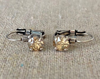 Swarovski Crystal Golden Shadow Earrings, Dainty Champagne Sparkle Huggies, 5mm Xirius Chaton, 14k Gold Rose Gold Silver or Aged Brass