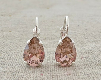 Swarovski Crystal Dangling Earrings | 10x7mm Vintage Rose Pears | Lever Back Drop Earrings | E0227