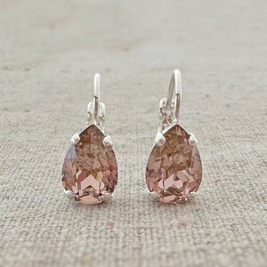 Swarovski Crystal Teardrop Earrings, Vintage Rose 10x7 Pear Cut Leverbacks, Delicate Tear Drop Dangling Bridal Earrings, Blush Pink