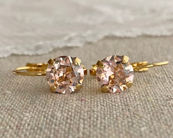 Swarovski Crystal Blush Pink Round Dangling Drop 14k Rose Gold Silver Gold Leverback Earrings Bridesmaids Gifts Rhinestone Morganite Pink
