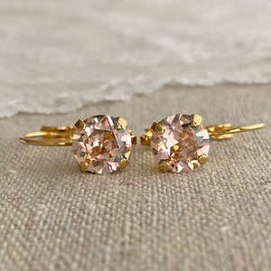 Swarovski Crystal Blush Pink Round Dangling Drop 14k Rose Gold Silver Gold Leverback Earrings Bridesmaids Gifts Rhinestone Morganite Pink