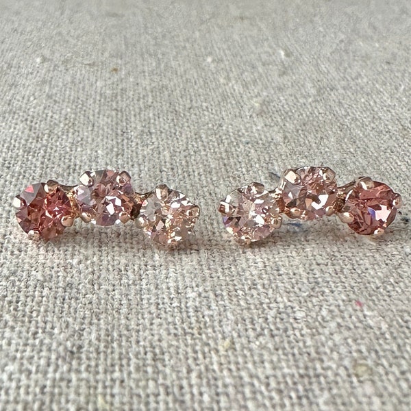 Swarovski Crystal Crawler Earrings, Xirius 5mm Dusty Rose Blush Ombré Studs, Climber Post Earrings, Gold Black Silver Rose Gold, Curved Bars