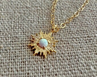 Soleil Necklace, Lab Opal 14k Gold Plated Sun, 14k Gold Filled Cable Chain, Dainty Delicate Boho Celestial Necklace, Star Space Jewelry