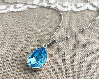 Swarovski Crystal Necklace, Delicate Bridal Jewelry, Aquamarine Pear Pendant, Teardrop Bridal Necklace, Clear Tear Drop Shape Necklace