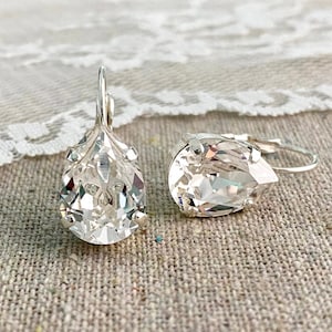 Swarovski Crystal Earrings, 14x10mm Pear Cut Faux Diamond Leverbacks, Dangling Drop Bridal, Teardrop Bridesmaids Gift, Gold Rose Gold Silver