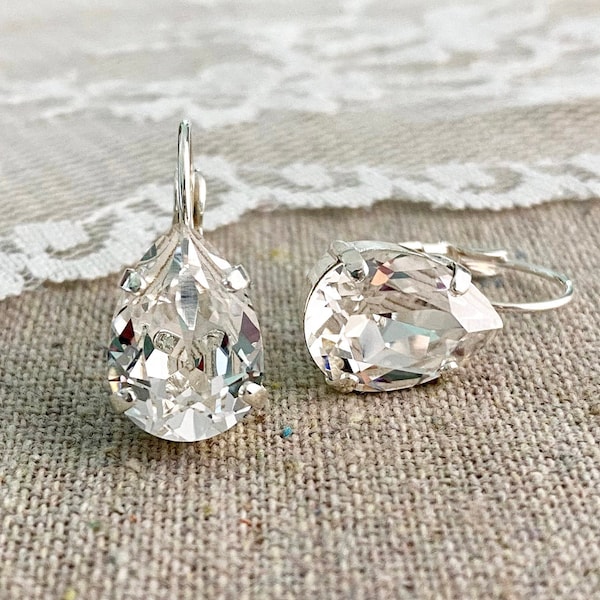 Swarovski Crystal Earrings, 14x10mm Pear Cut Faux Diamond Leverbacks, Dangling Drop Bridal, Teardrop Bridesmaids Gift, Gold Rose Gold Silver