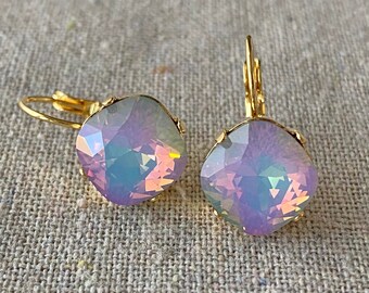 Swarovski Crystal Earrings, Dangling Leverback Earrings, 12mm White Opal Light Vitrail Cushions, 14k Gold Rose Gold Silver, Bridal Earrings