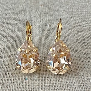 Swarovski Crystal Earrings, 14x10mm Pear Cut Light Peach Leverbacks, Dangling Drop Bridal, Teardrop Bridesmaids Gifts, Gold Rose Gold Silver
