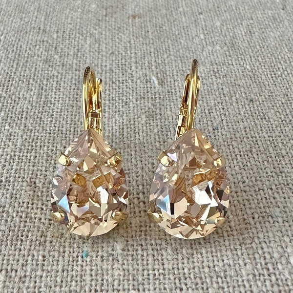 Swarovski Crystal Earrings, 14x10mm Pear Cut Light Peach Leverbacks, Dangling Drop Bridal, Teardrop Bridesmaids Gifts, Gold Rose Gold Silver