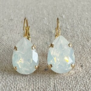 Swarovski Crystal Earrings, 14x10mm Pear Cut White Opal Leverbacks, Dangling Drop Bridal, Teardrop Bridesmaids Gifts, Gold Rose Gold Silver