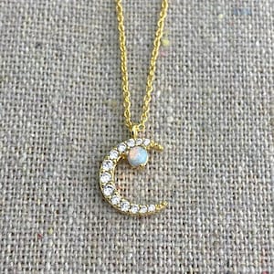 Crescent Moon Necklace • Micro Pave Cubic Zirconia & Lab Opal Necklace • 14k Gold Plated Layering Necklace • Delicate Dainty Cable Chain