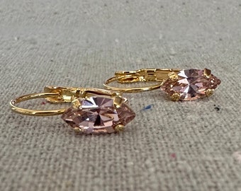 Swarovski Crystal Dangling Earrings | 10x5mm Vintage Rose Marquise | Lever Back Drop Earrings | E0311