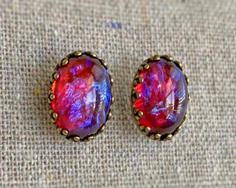 Mexican Opal Stud Earrings, Dragon's Breath Glass Gem Stone Oval Post Earrings, Crown Earring Studs, Gift for Her, Pick Your Finish