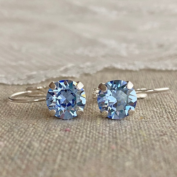 Swarovski Crystal Light Sapphire Blue Round Dangling Drop Silver Leverback Earrings Bridesmaids Gifts Rhinestone Heatherly Jewelry