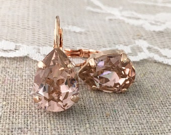 Swarovski Crystal Earrings, 14x10mm Pear Cut Blush Pink Leverbacks, Dangling Drop Bridal, Teardrop Bridesmaids Gifts, Gold Rose Gold Silver