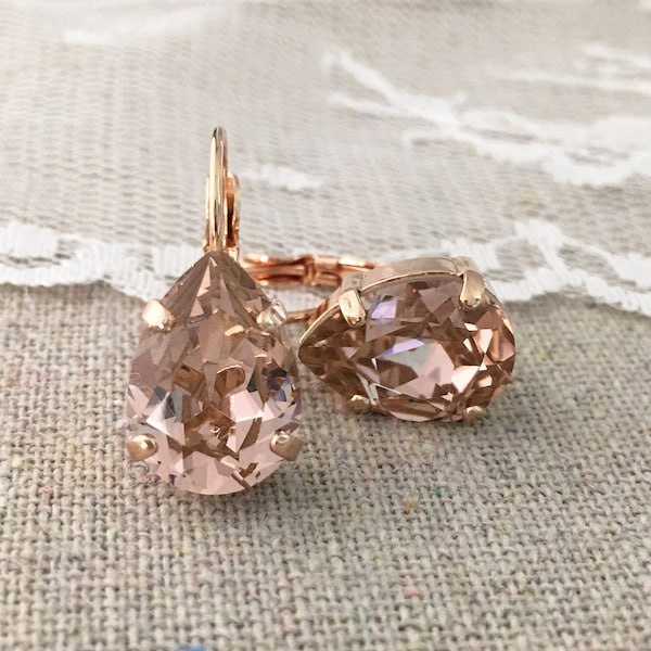 Swarovski Crystal Earrings, 14x10mm Pear Cut Blush Pink Leverbacks, Dangling Drop Bridal, Teardrop Bridesmaids Gifts, Gold Rose Gold Silver