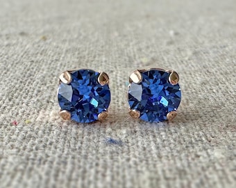 Swarovski Crystal Rose Gold Post Earrings, Xirius 6mm Sapphire Blue Studs, Small Chaton Earrings, Bridesmaid Gifts, Flower Girl Gifts