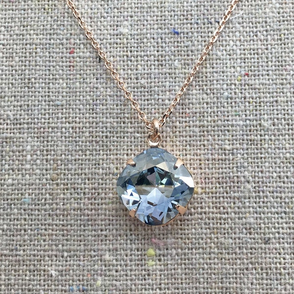 Swarovski Crystal Necklace, 12mm Cushion Cut Dusty French Blue Stone, Adjustable Cable Chain Pendant Bridal Necklace, Gold Rose Gold Silver