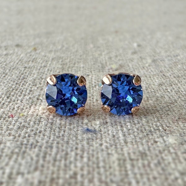 Swarovski Crystal Rose Gold Post Earrings, Xirius 6mm Sapphire Blue Studs, Small Chaton Earrings, Bridesmaid Gifts, Flower Girl Gifts