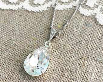 Swarovski Crystal Necklace, Delicate Bridal Jewelry, Faux Diamond Pear Pendant, Teardrop Bridal Necklace, Clear Tear Drop Shape Necklace
