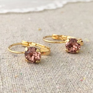 Swarovski Crystal Leverback Earrings, Dusty Rose Dangling Earrings, Dusty Pink Earrings, Gold Plated Delicate Earrings, Small Lever Backs
