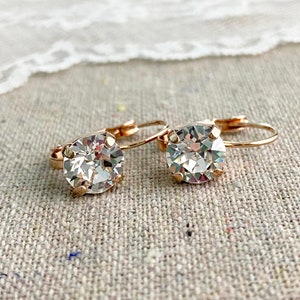 Swarovski Crystal Rose Gold Dangling Leverback Earrings, Round Rhinestone Faux Diamond Drop Earrings, Clear Delicate Gold Bridal Earrings