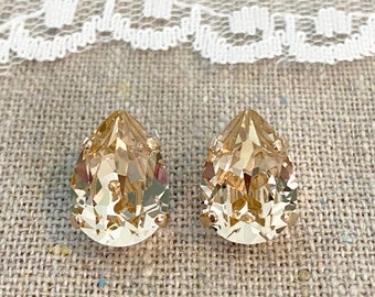 Swarovski Champagne Crystal Teardrop Rhinestone Pear Rose Gold Post Earrings Wedding Bridal Jewelry Bridesmaids Presents Gift for Her