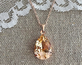 Swarovski Crystal Necklace, Light Peach Pear Pendant, Teardrop Simple Wedding Bridal, Gold Rose Gold Silver, Bridesmaid Gifts, Custom Color