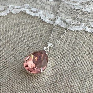 Swarovski Crystal Necklace, Dusty Rose Pear Pendant, Teardrop Simple Wedding Bridal, Gold Rose Gold Silver, Bridesmaid Gifts, Custom Color