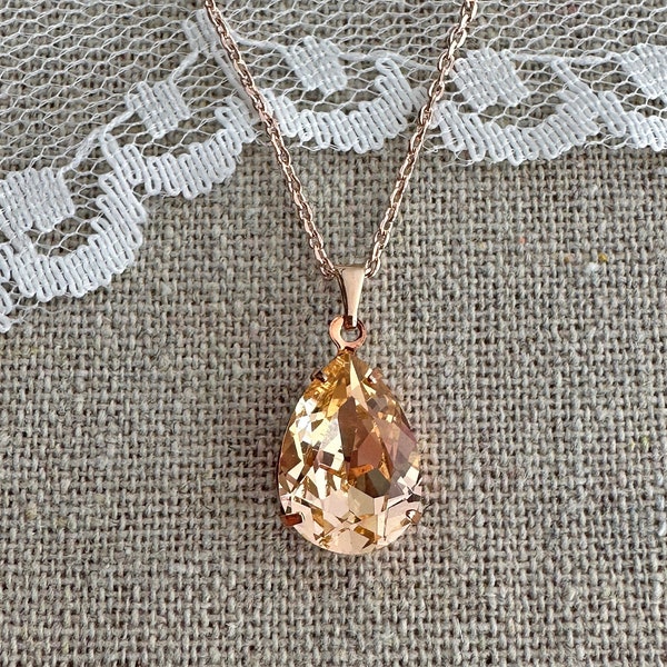 Swarovski Crystal Necklace, Light Peach Pear Pendant, Teardrop Simple Wedding Bridal, Gold Rose Gold Silver, Bridesmaid Gifts, Custom Color