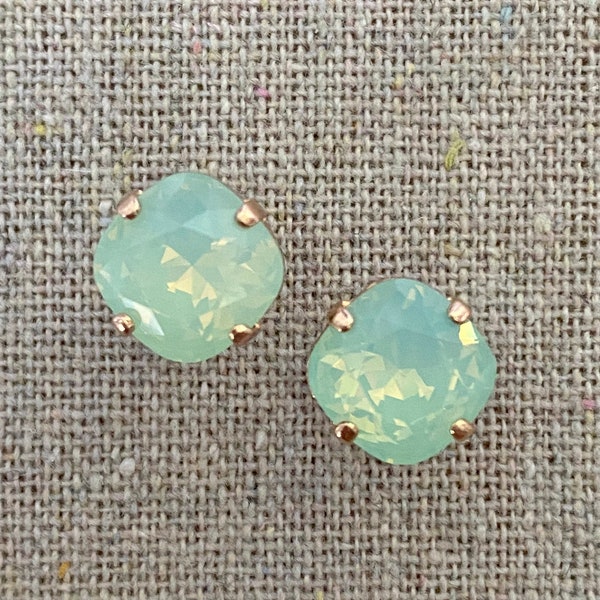 Swarovski Crystal Post Earrings, 10mm Chrysolite Opal Cushion Studs, Mint Green Opal Rhinestones, Bridal Earrings, 14k Gold Rose Gold Silver