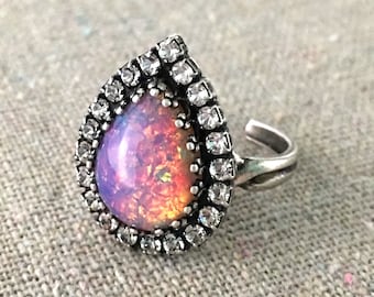 Glass Opal Crown Adjustable Ring | 14x10mm Harlequin Pink Opal Pear | Swarovski Crystal Halo | R0222