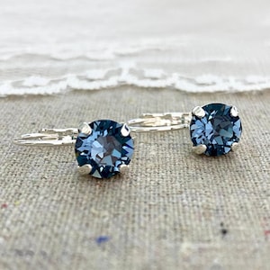 Swarovski Crystal Earrings, Dangling Leverback Earrings, Denim Blue Drop Earrings, Sterling Silver Plated Earrings, Simple Bridesmaid Gifts