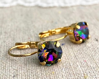 Swarovski Crystal Dangling Earrings | 8mm Vitrail Medium Xirius Chatons | Lever Back Drop Earrings | E0190