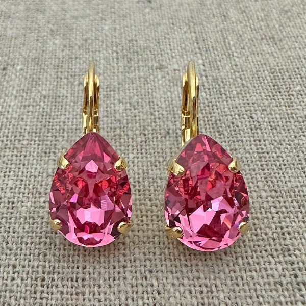 Swarovski Crystal Earrings, 14x10mm Pear Cut Rose Pink Leverbacks, Dangling Drop Bridal, Teardrop Bridesmaids Gifts, Gold Rose Gold Silver