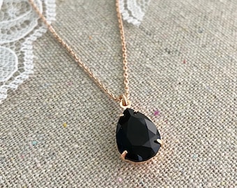 Swarovski Crystal Pendant Necklace | 14x10mm Jet Pear | Adjustable Length | N0051