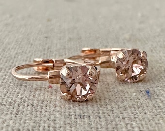 Swarovski Crystal Earrings, Blush Pink Huggies, 5mm Xirius Crystal Bridal Leverbacks, Gold Rose Gold Silver Aged Brass, Dangle Drop