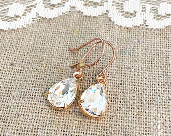 Swarovski Crystal Teardrop Simple Delicate Dangling Rose Gold Bridal Earrings Wedding Jewelry Bridesmaids Gifts Flower Girl Gifts